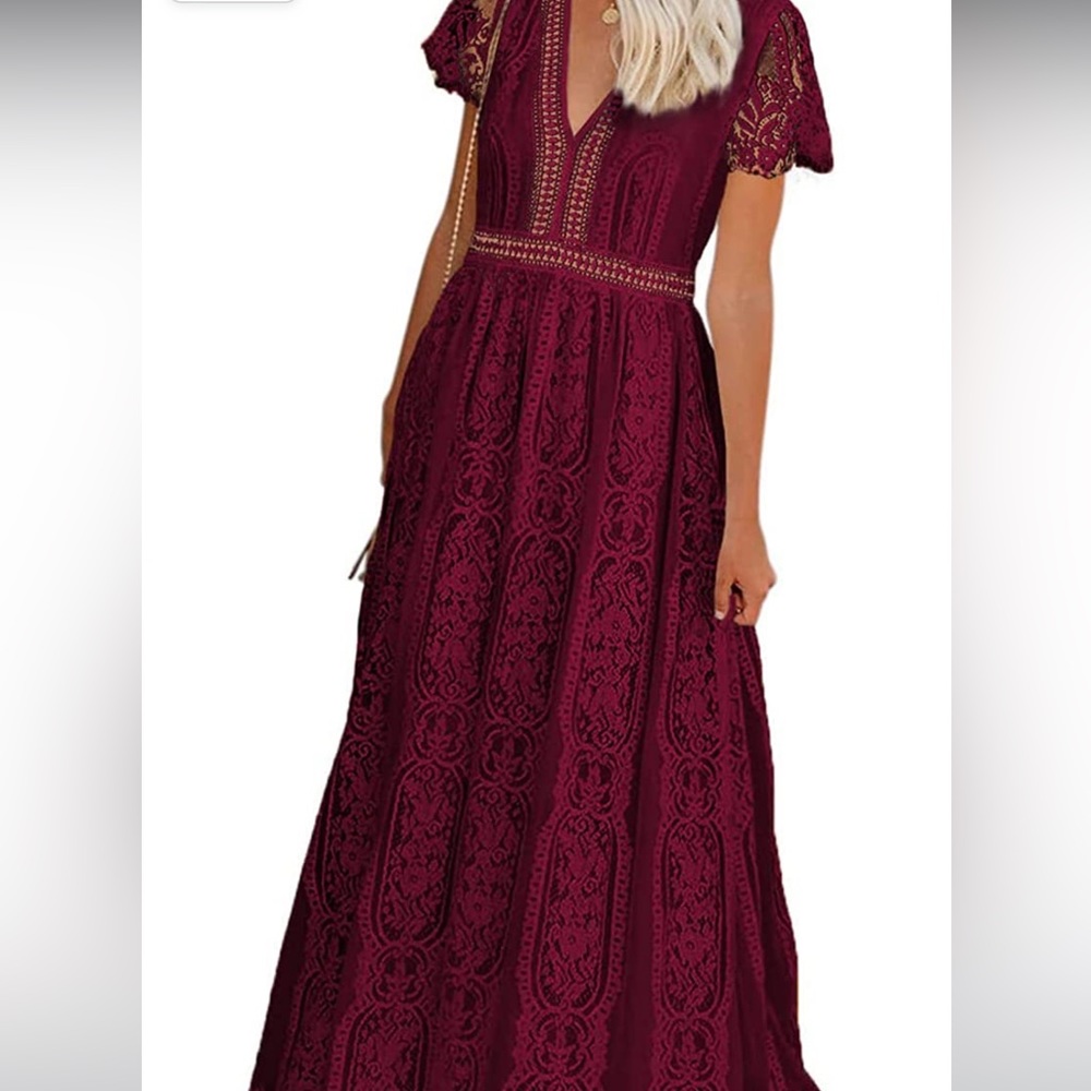 Women's V Neck Floral Lace Dress/ Bridesmaid Evening Party Maxi Dress XXL wine